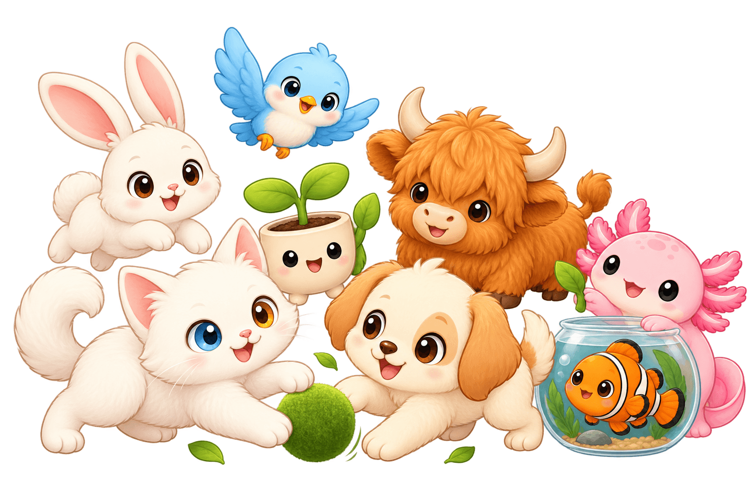 Alle acht Plantly-Begleiter spielen zusammen: Plantly, Hochlandrind, Katze, Hund, Kaninchen, Vogel, Axolotl und Clownfisch