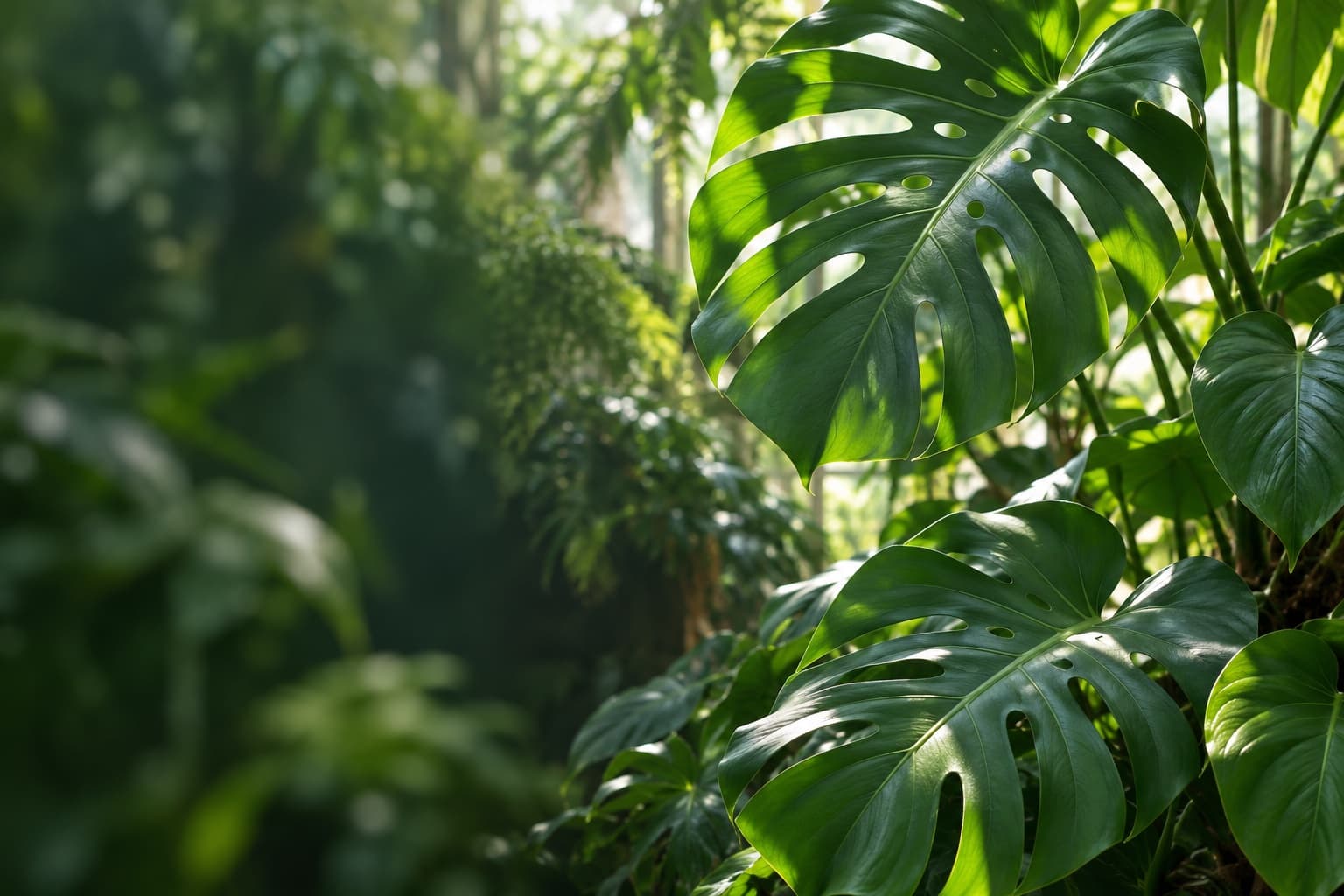 Sonnenlicht zwischen tiefgrünen Monstera- und Philodendron-Blättern